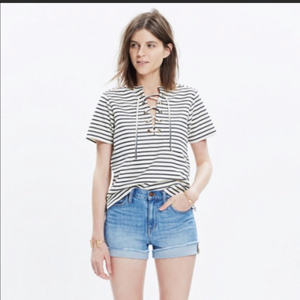 Madewell Striped Lace-Up Short Sleeve Top